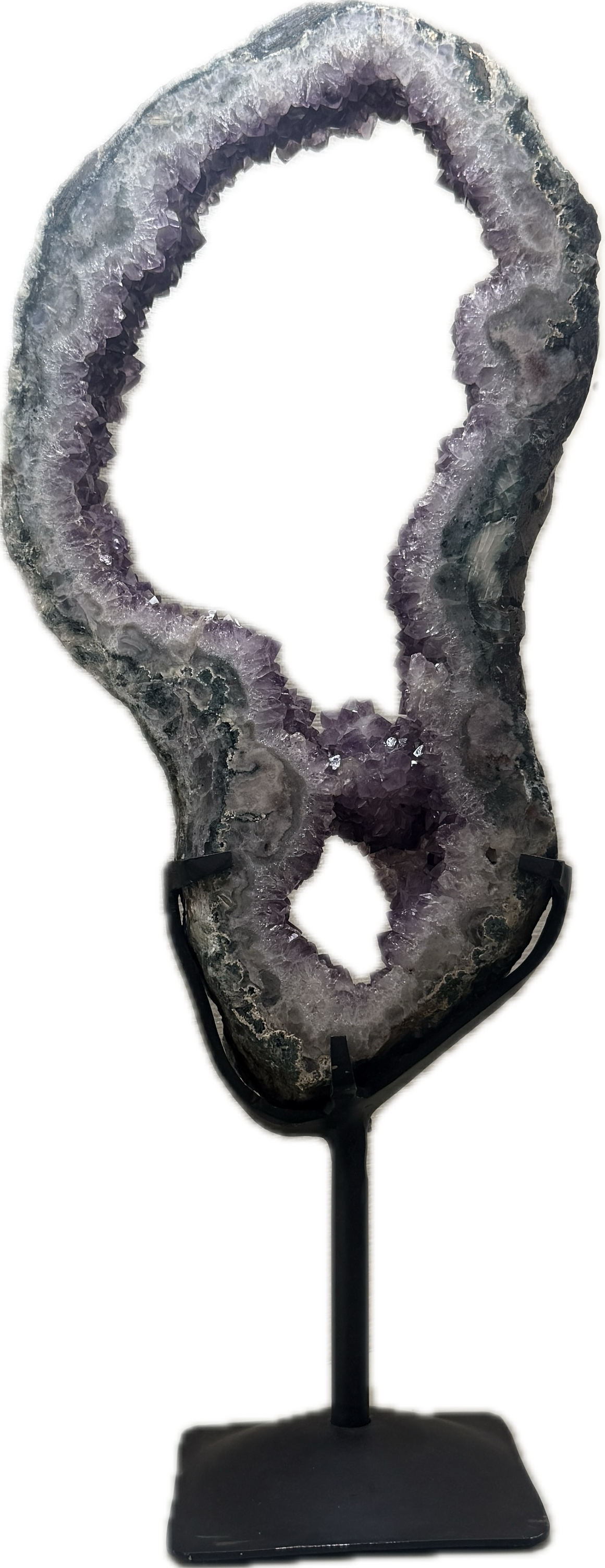 Amethyst Portal on Iron Stand with vibrant purple hues, known for spiritual protection and purification.