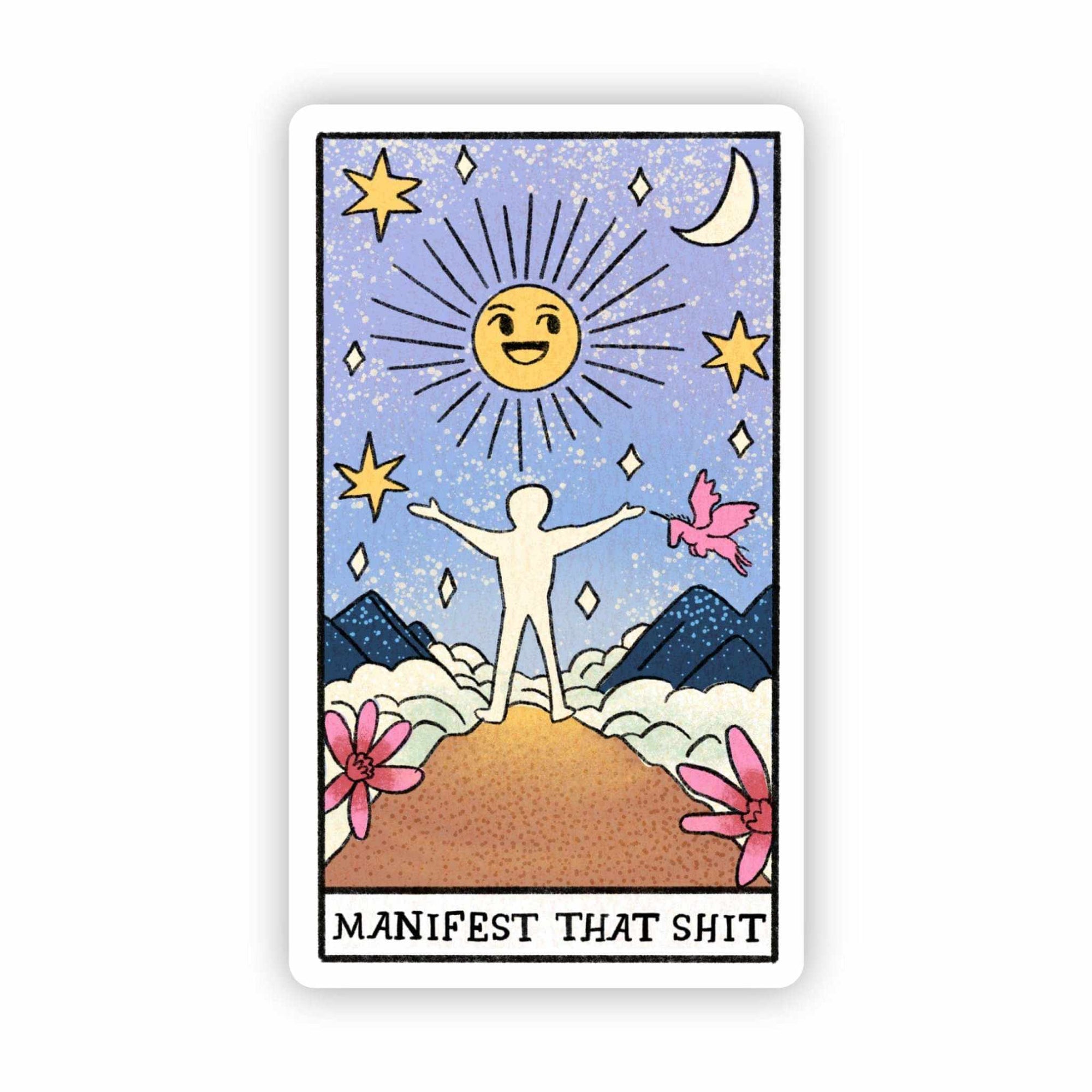 "Manifest That Shit" tarot card vinyl sticker with mystical sun, stars, moon, and figure design, waterproof and durable for laptops and water bottles.
