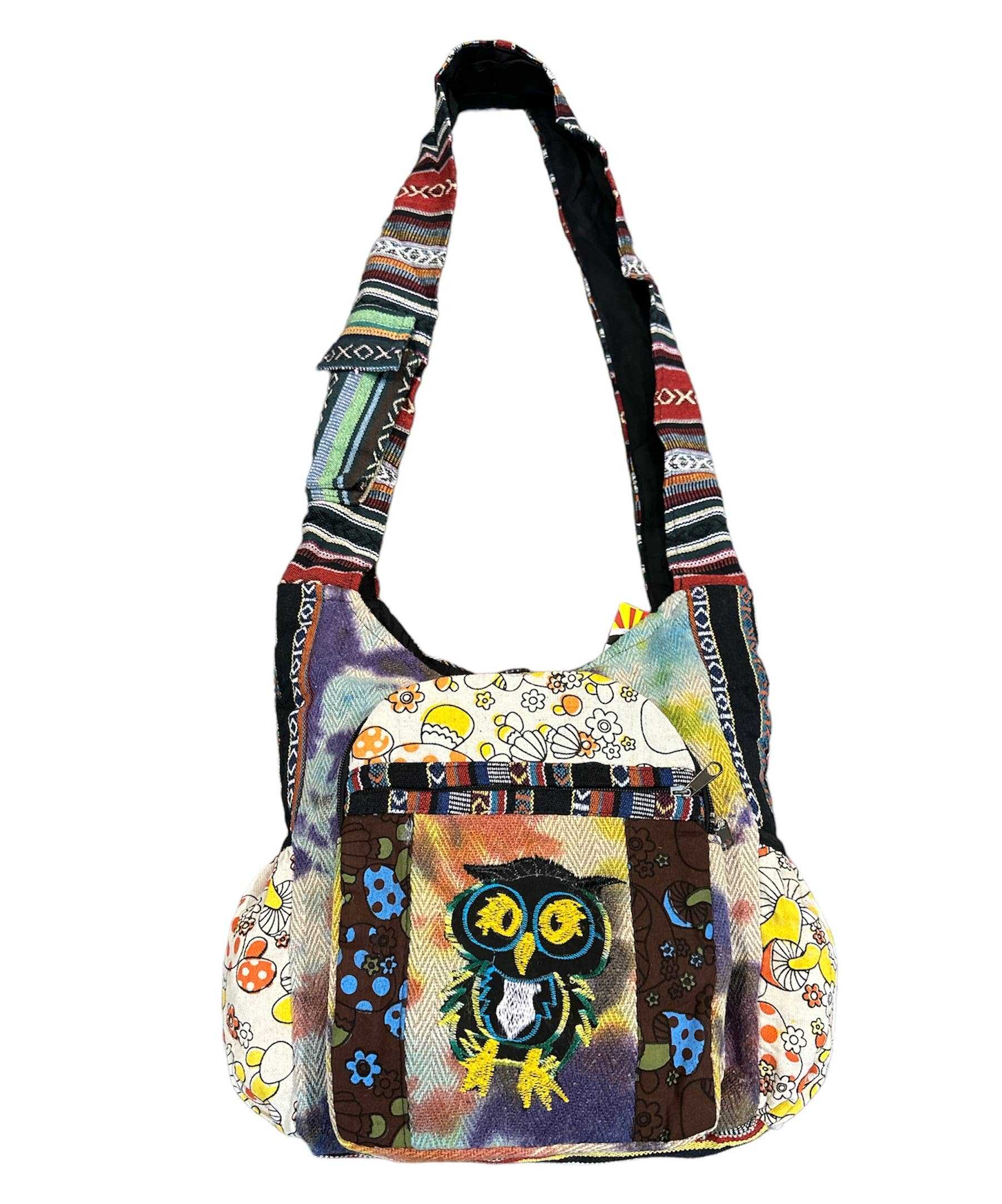 Tie dye cotton and hemp shoulder bag with embroidered owl and mushroom-shaped pocket