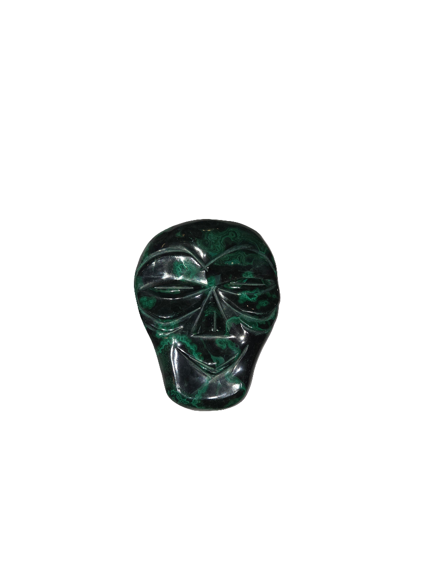 Malachite Tribal Mask specimen, polished, 13.30oz, 4.5x3.5 inches, metaphysical collection.