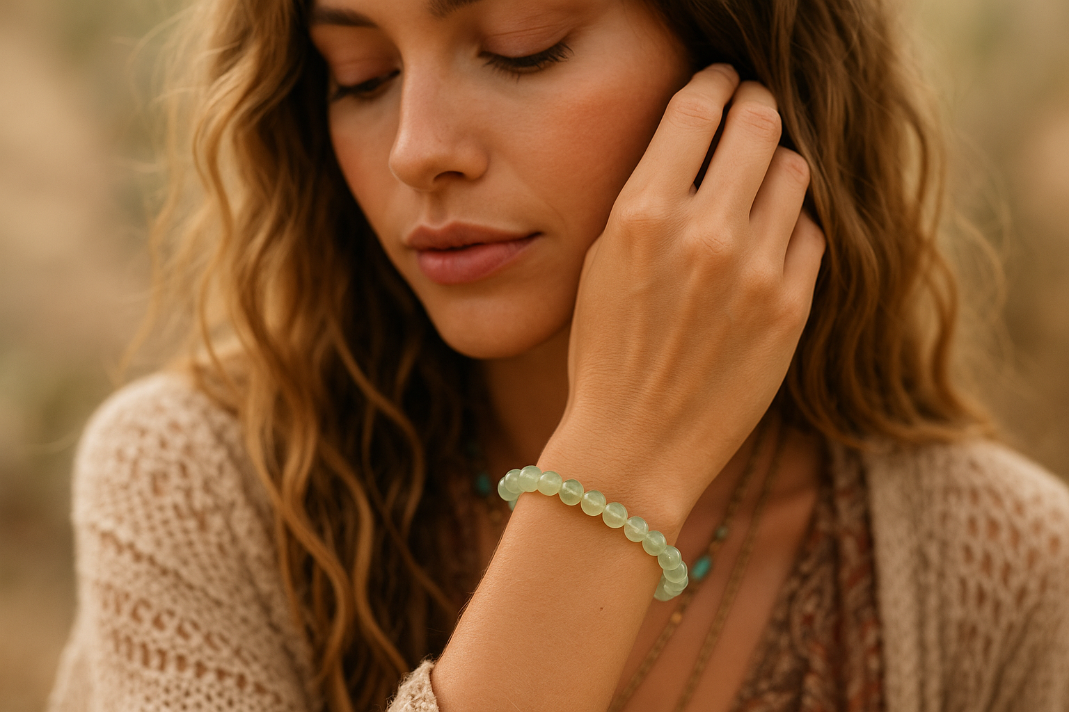 boho model close up wearing our prehnite bracelet 6mm