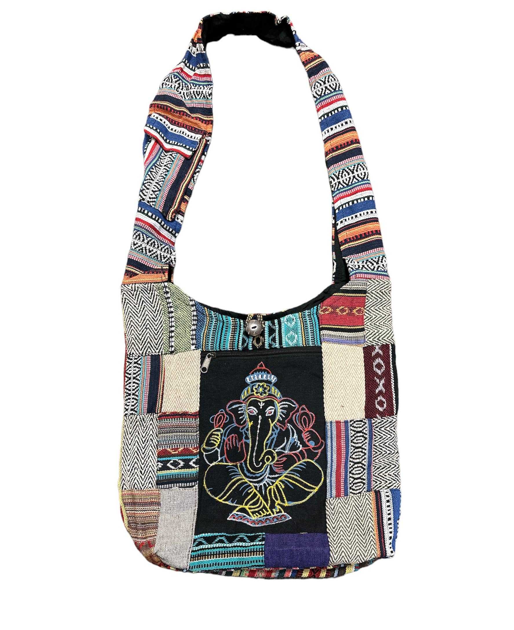 Handcrafted cotton patchwork bag featuring colorful patterns and embroidered Ganesh design, ethnic Nepalese artisan style Cotton Ganesh Bag RIB1221