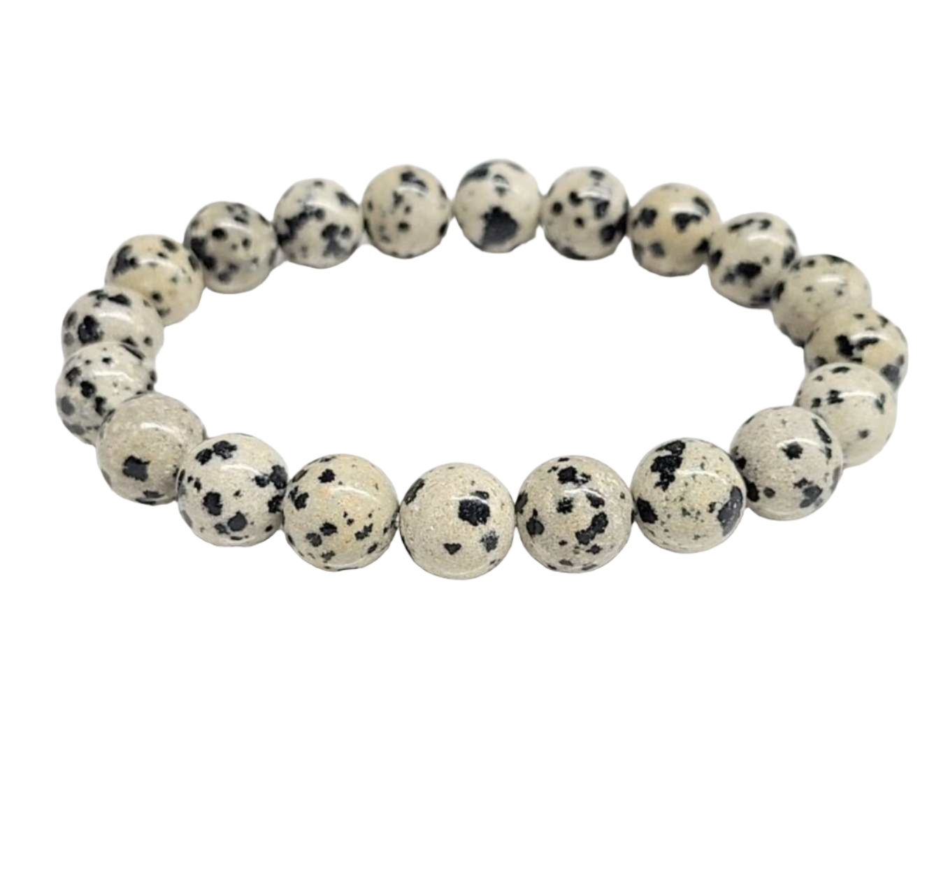 Dalmatian Jasper round bead stackable bracelet with black and white spotted stones, available in multiple bead sizes.