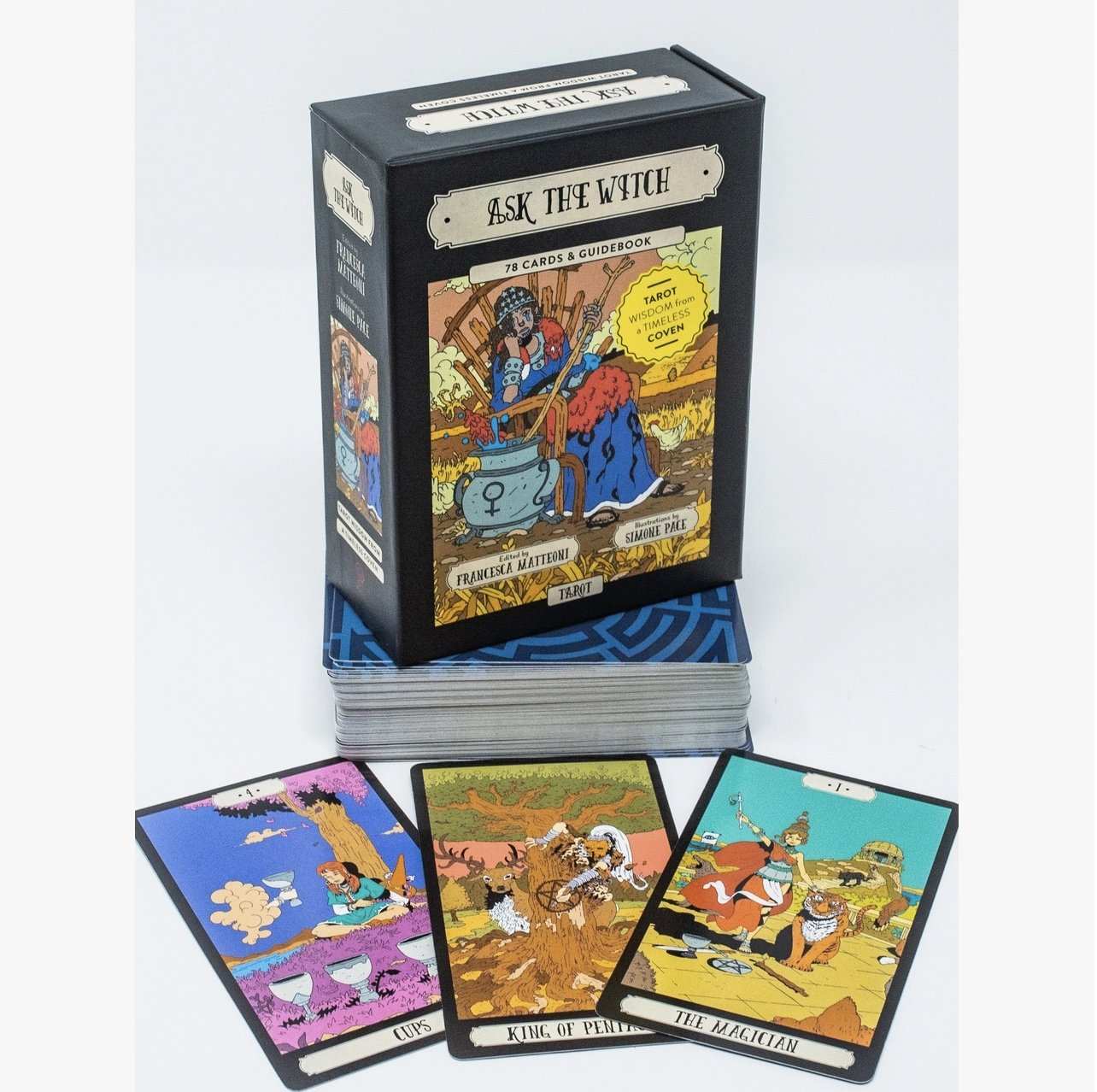 Ask The Witch Tarot deck with 78 illustrated cards and guidebook by Francesca Matteoni and Simone Pace, featuring colorful mystical artwork.