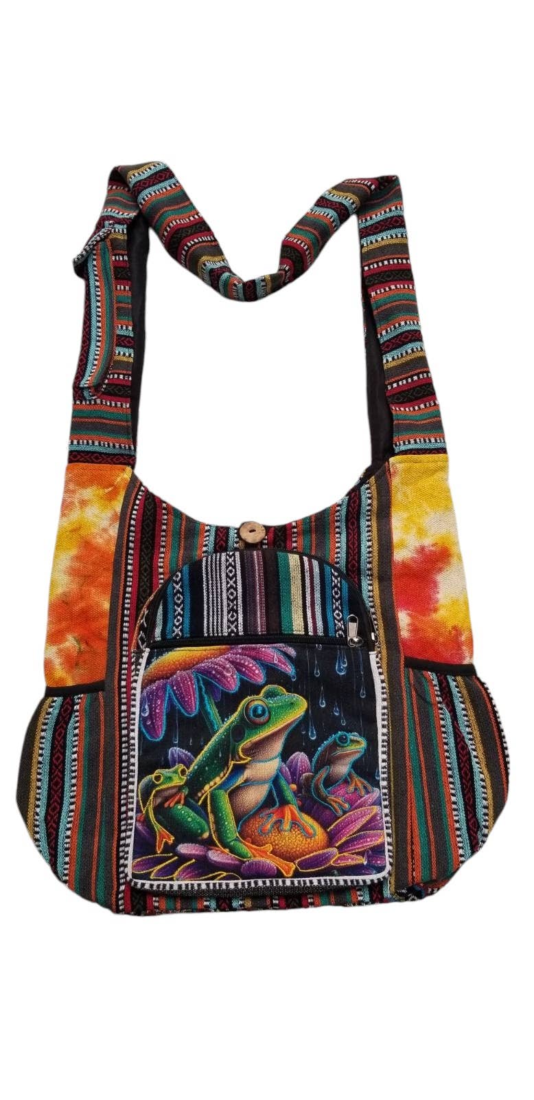 Colorful cotton bag with multi patch design and side pockets, featuring a vibrant frog motif.