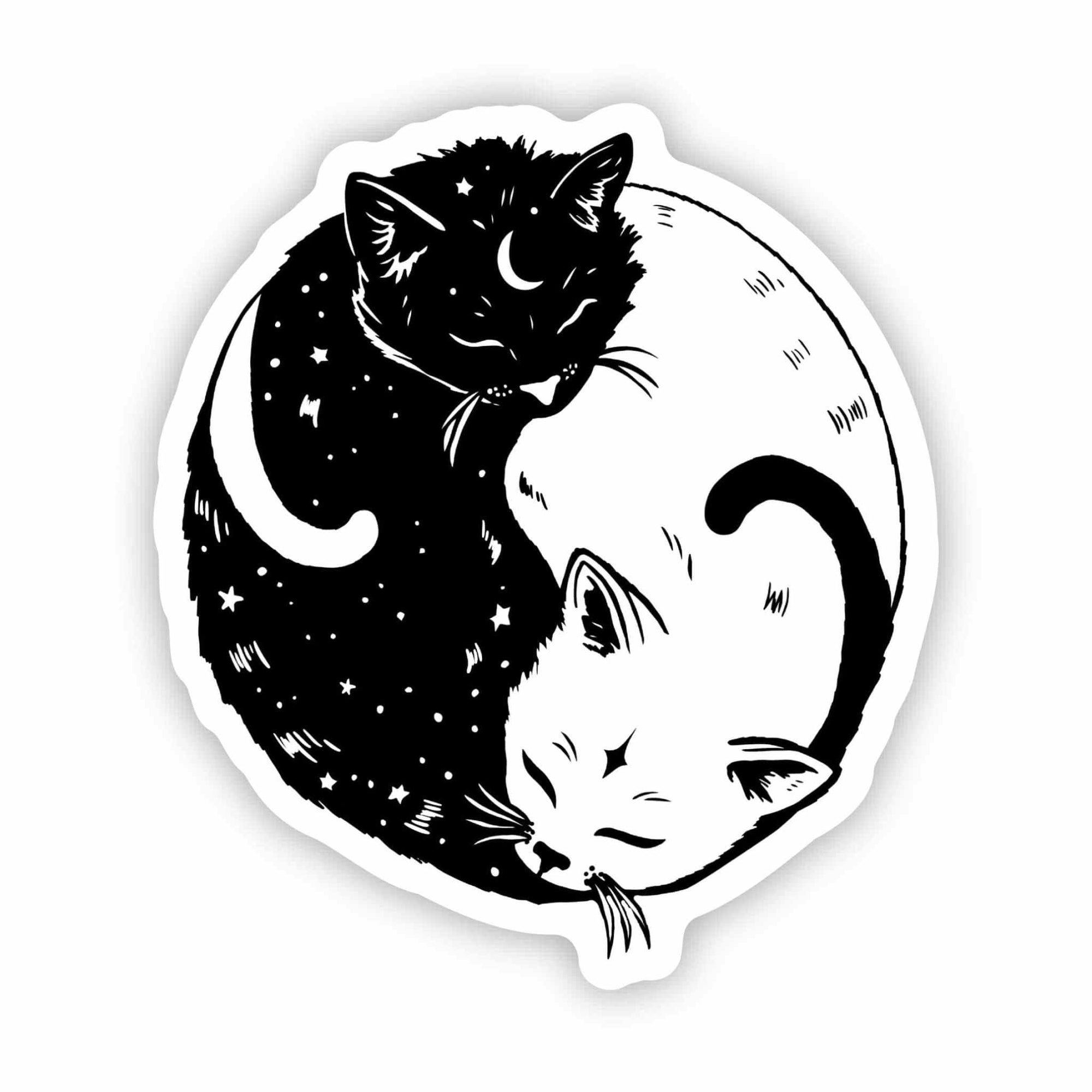Black and white vinyl sticker of Yin and Yang Cats curling together with celestial stars and moon details, waterproof and weather resistant.