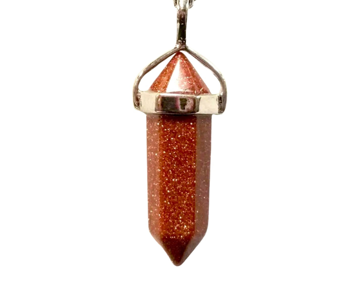 Goldstone bullet point necklace with copper-infused gemstone.