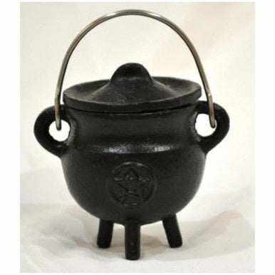 Black Pentacle cast iron cauldron with lid, handle, and three legs for ritual use and decoration