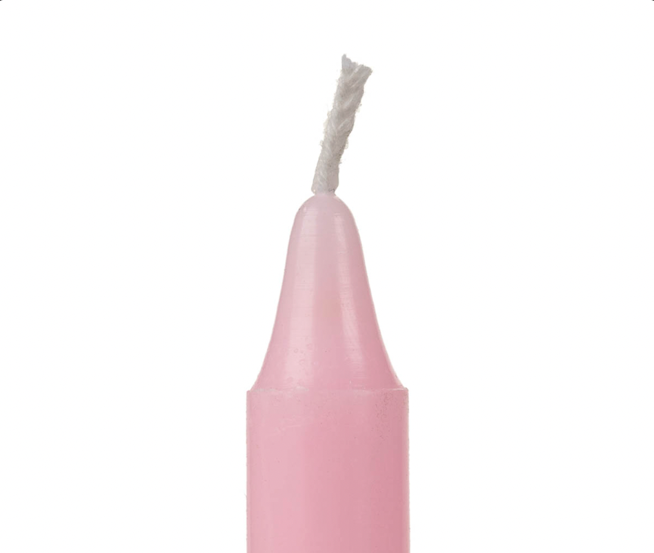 Pink candle with a white wick on a white background