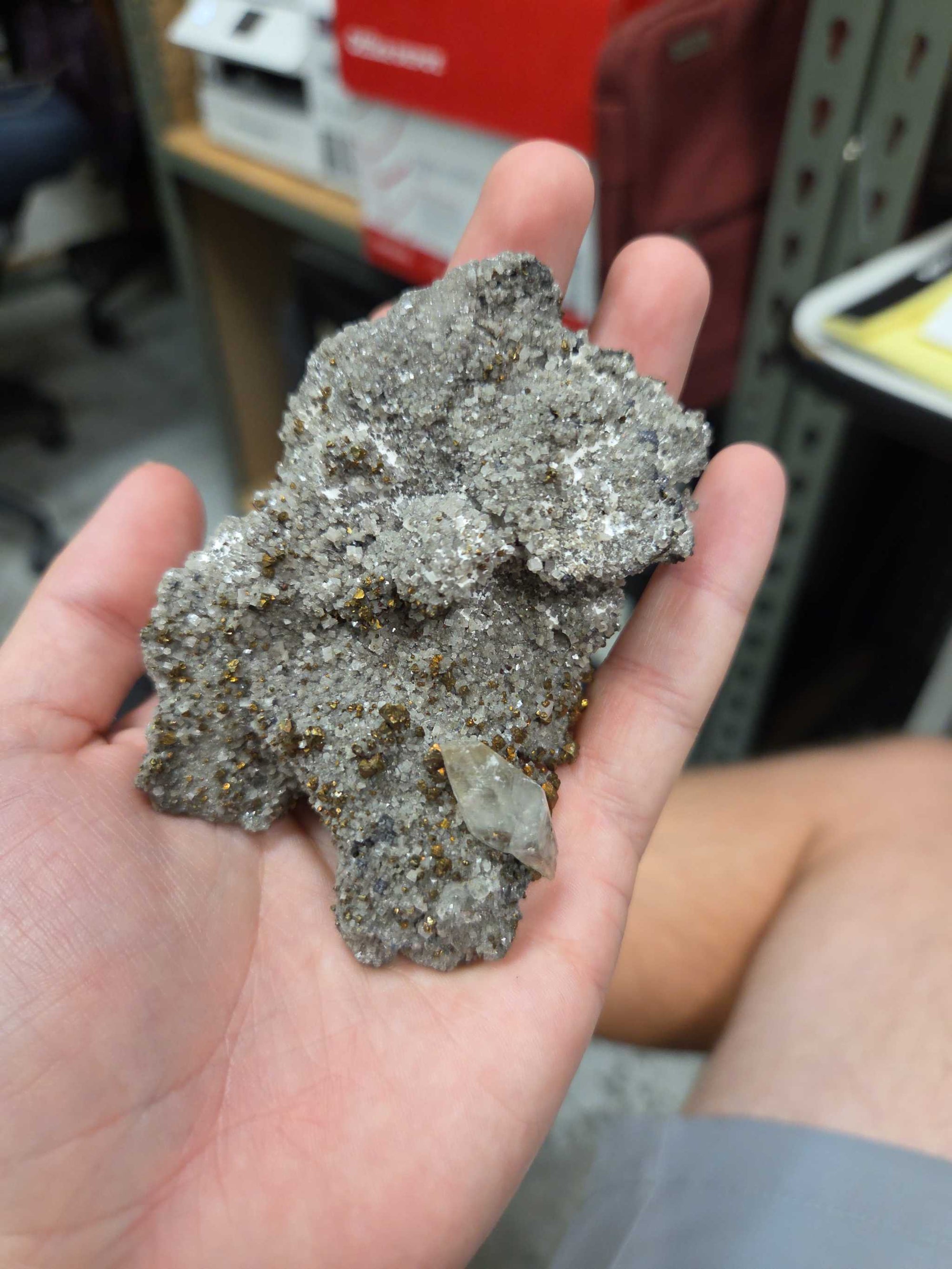 Dogtooth Calcite with Chalcopyrite on Drusy Quartz Matrix