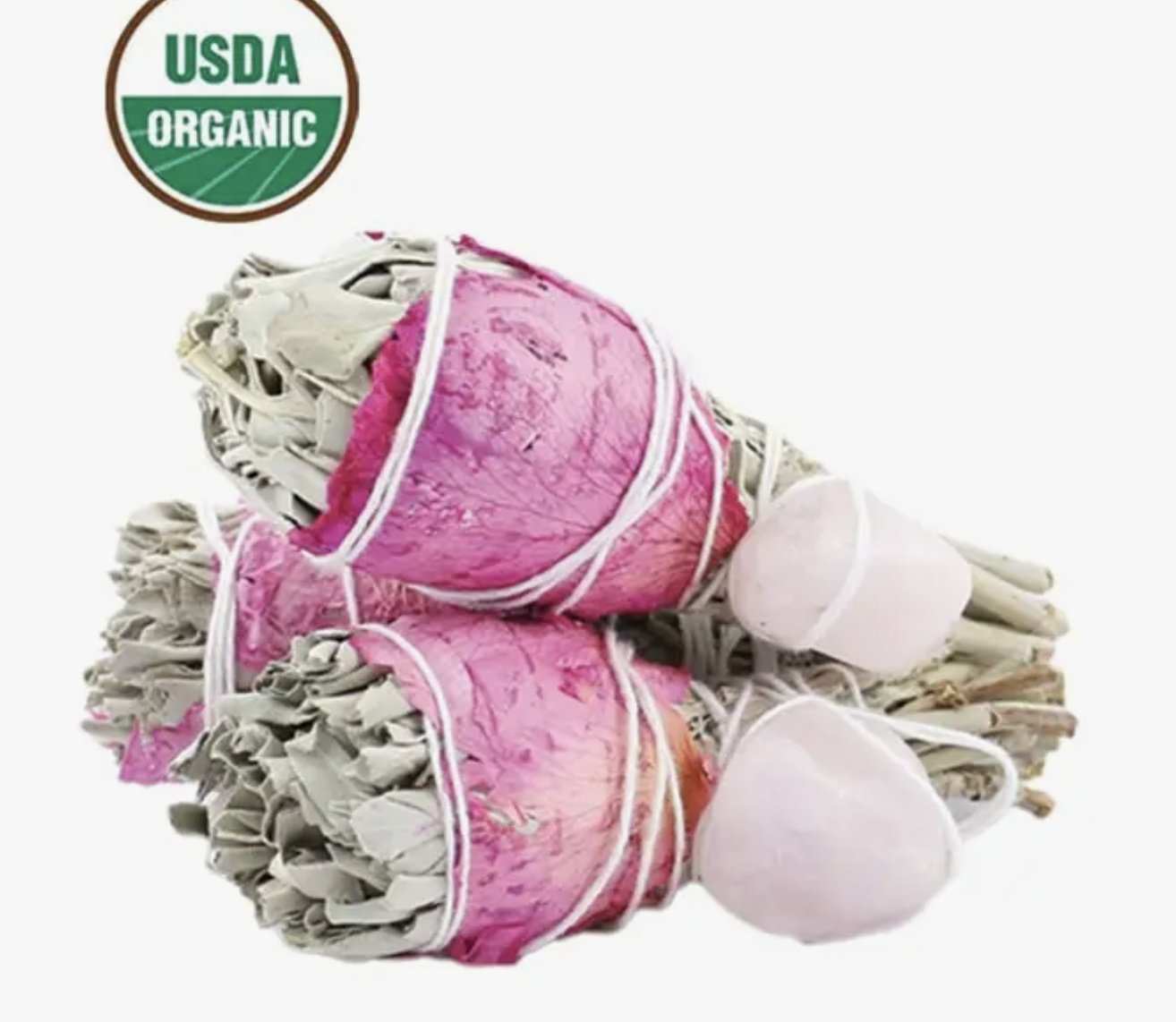 Sage Torch Smudge - Rose Petals &Rose Quartz - Sacred Crystals Smudge Sticks