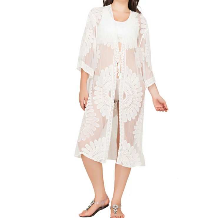 Sheer lace front tie kimono with intricate design, free size for versatile wear.