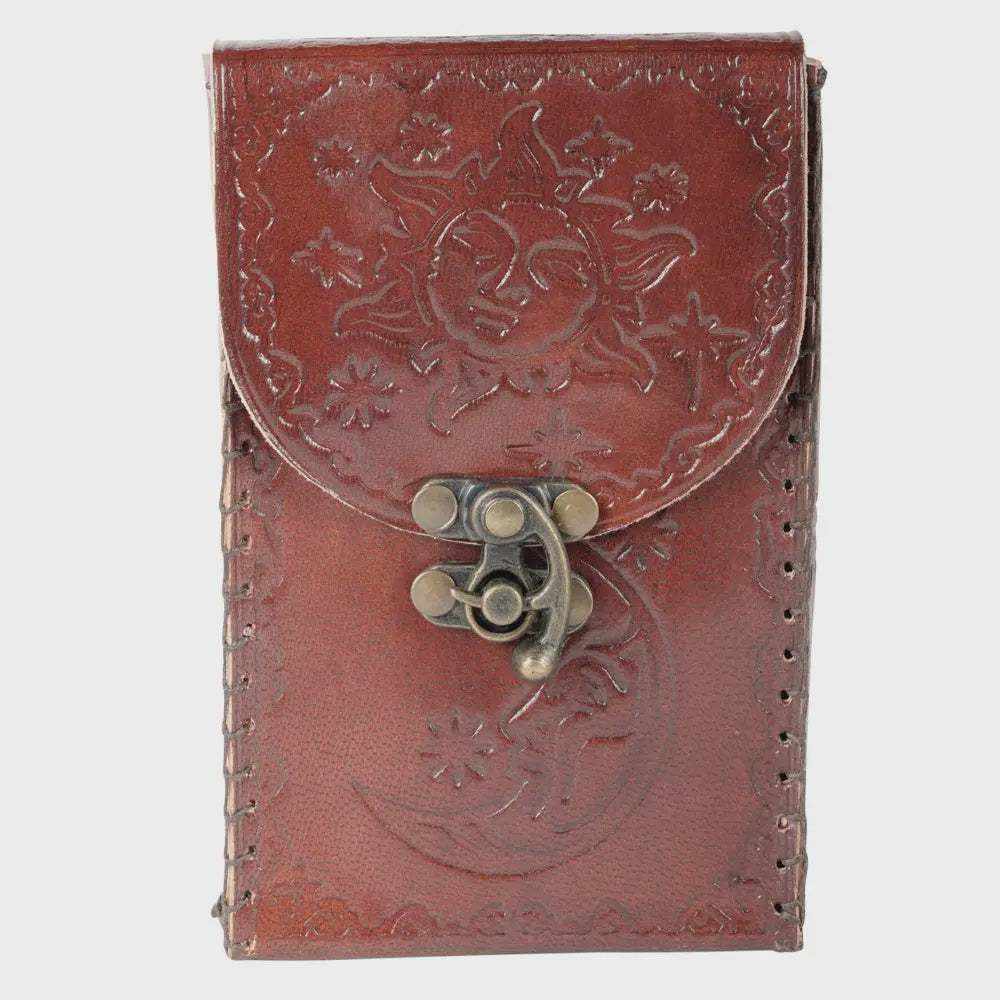 Sun Moon Tarot Card Leather Holder with embossed design and clasp closure.
