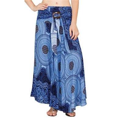 Blue long mandala skirt with coconut buckle and unique circular patterns, made of 100% rayon, free size, convertible to a dress by removing the buckle.