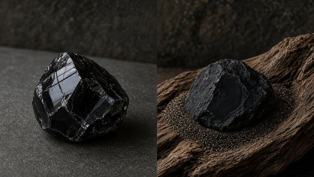 Black Obsidian glassy stone beside Black Onyx with banding