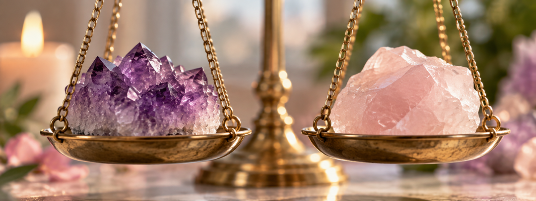 Rose quartz and amethyst bead bracelets on linen and wood