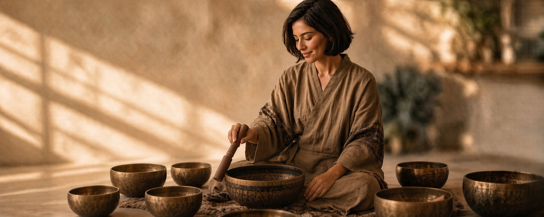 Woman playing Tibetan singing bowls, late afternoon. Sacred crystals.