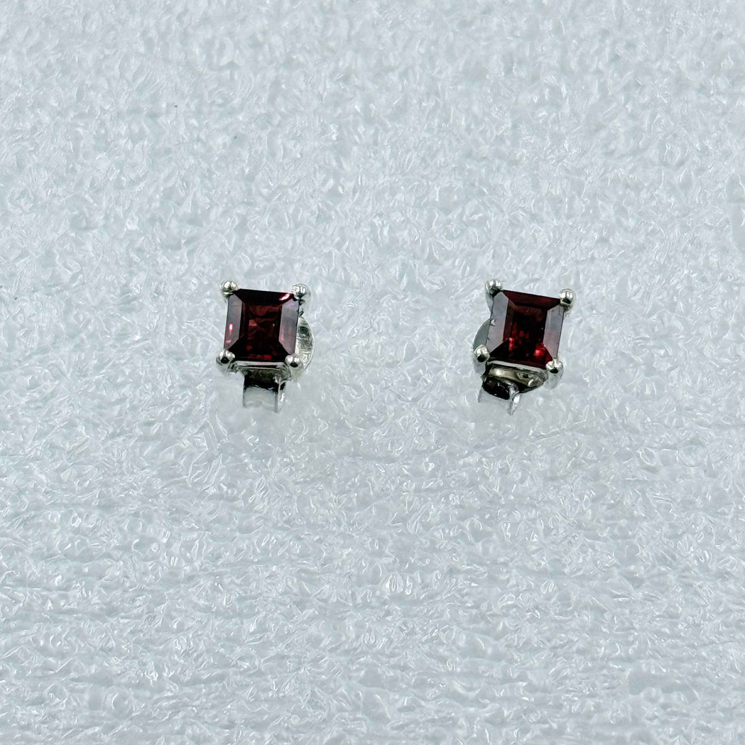 Sterling Silver Square Garnet Post Earrings Size 1