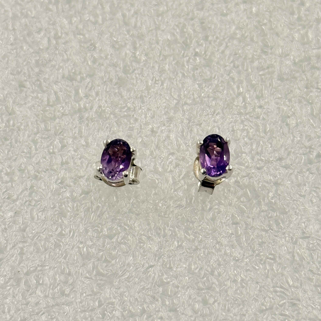 Sterling Silver Oval Amethyst Post Earrings Size 4