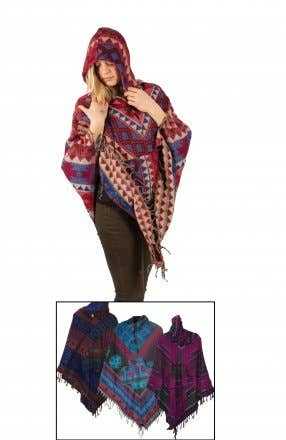 Woman wearing a patterned poncho with inset images of similar ponchos.