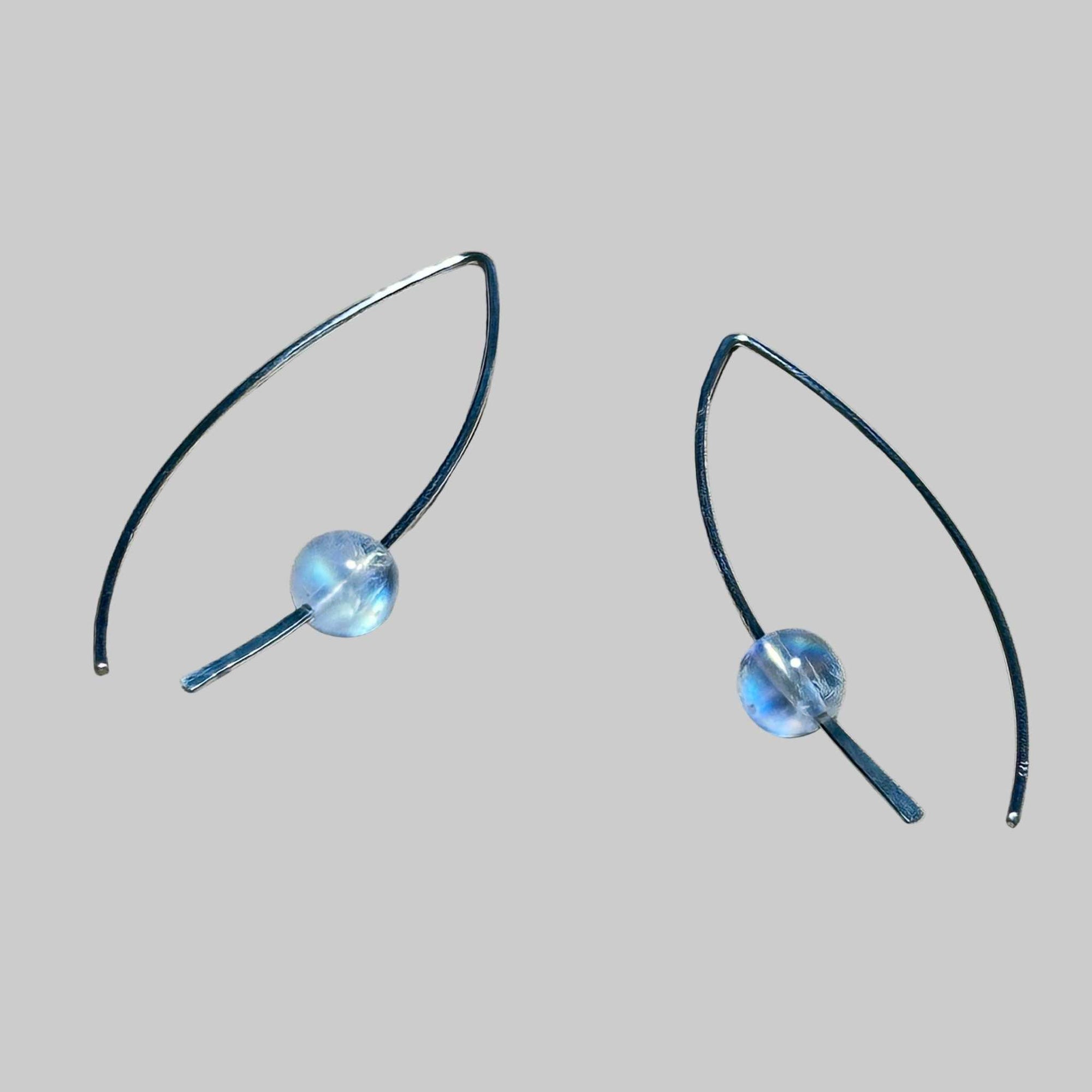 Sterling Silver earrings with round rainbow moonstone stone bead on a background, the rainbow moonstone is flashy!