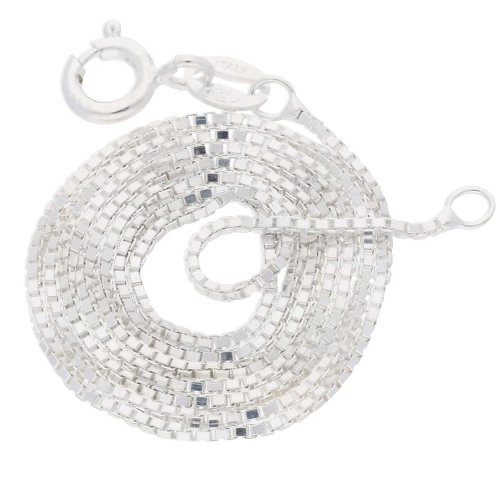 Italian 1mm sterling silver box link chain necklace with spring ring clasp, made in Italy, nickel free and marked 925