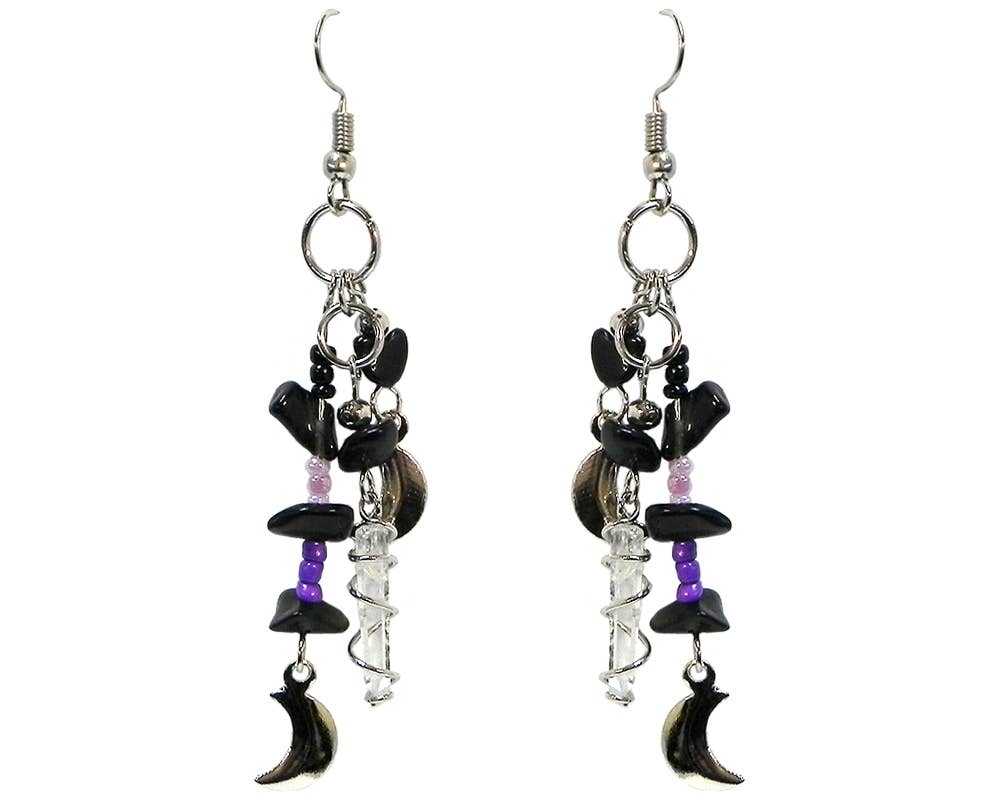 Crystal Moon Charm Beaded Chip Stone Long Dangle Earrings