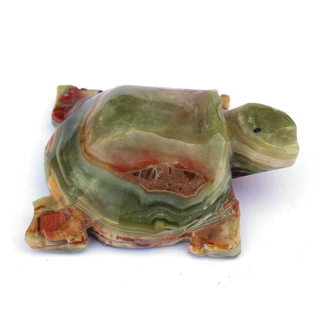 3" hand-carved onyx turtle figurine with natural green, red, and brown patterns from Pakistan.