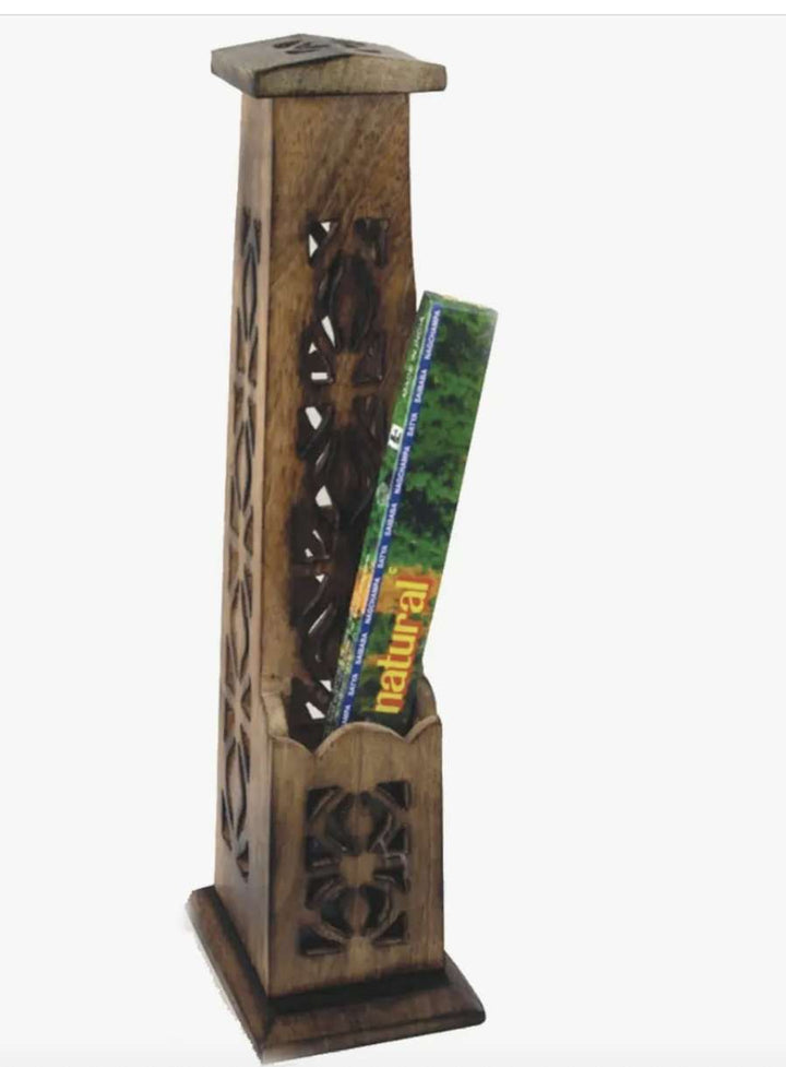 12" Carved Wooden Incense Burner Tower - Sacred Crystals Incense Burners