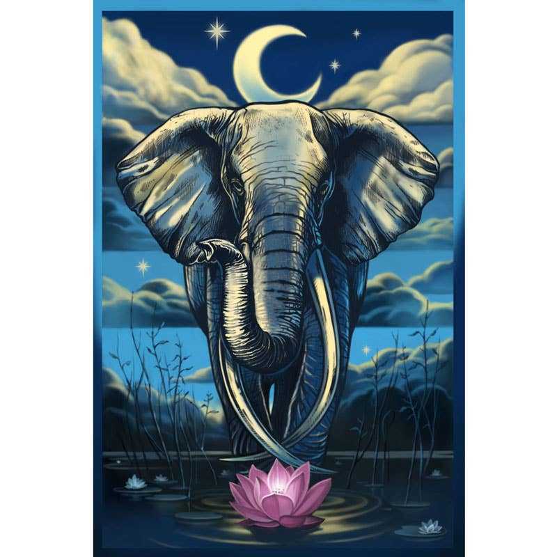 3D Elephant Lotus tapestry featuring an elephant and lotus under a crescent moon, 60"x90" wall decor.