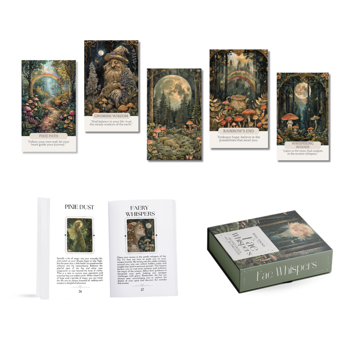 Fae Whispers Oracle Card Deck featuring whimsical fae-themed illustrations, guidebook, and deck box for intuitive self-discovery and inspiration