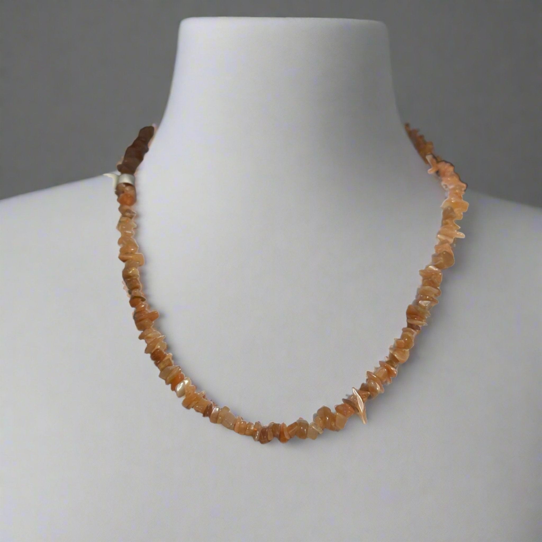 18-Inch Peach Moonstone Chip Necklace with Sterling Clasp - Sacred Crystals Chains and Necklaces