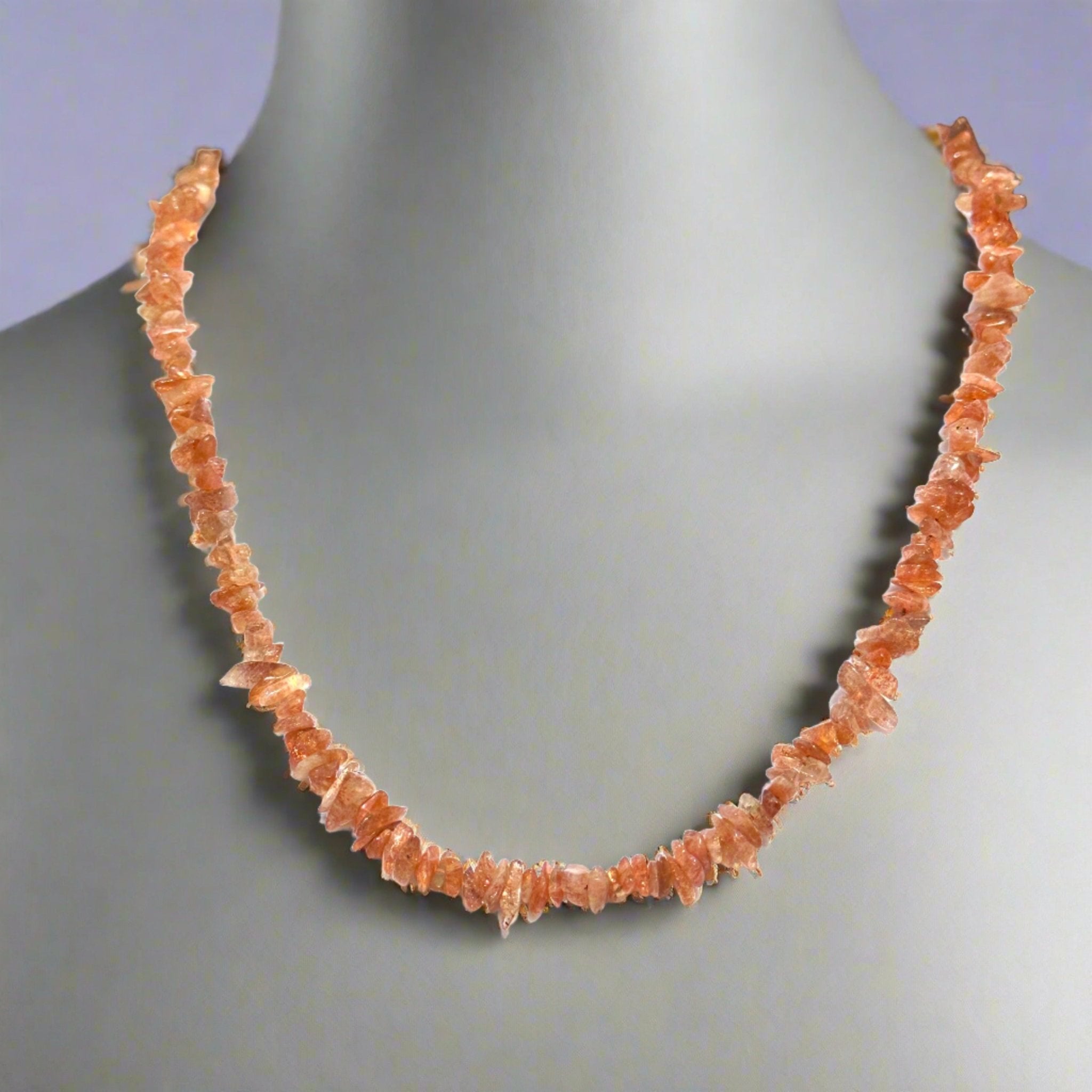 18-Inch Sunstone Chip Necklace with Sterling Clasp - Sacred Crystals Chains and Necklaces