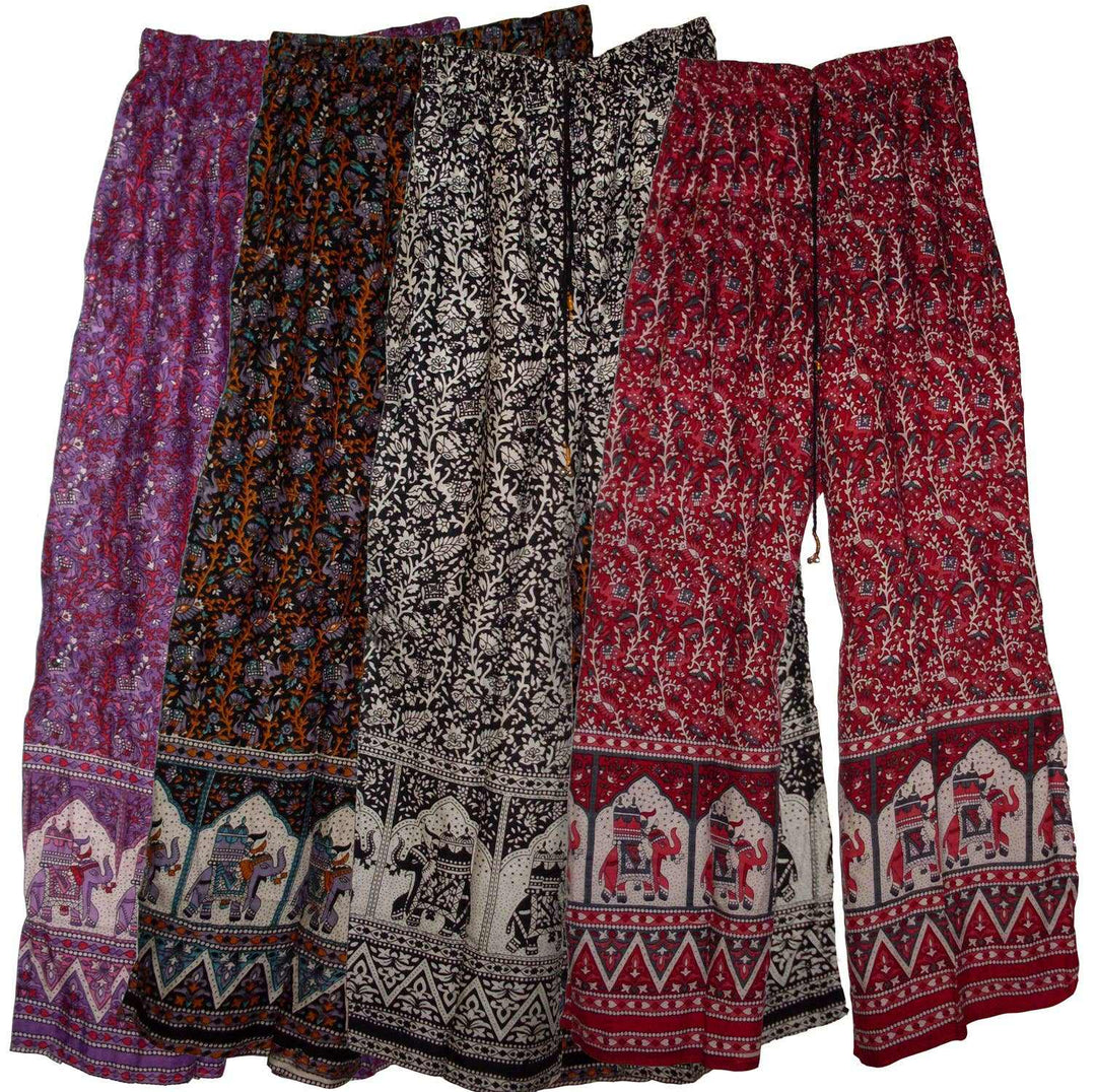 Set of colorful Elephant Palazzo Pants with drawstring featuring traditional Indian prints made of 100% rayon