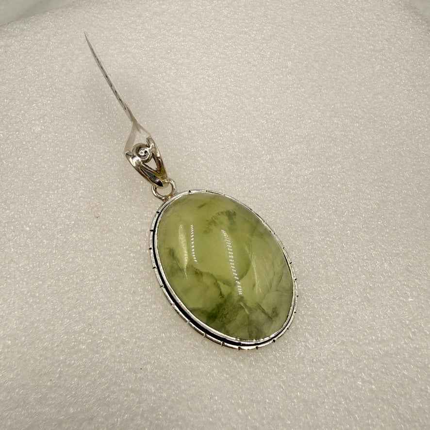 Sterling Silver Prehnite Oval Pendant with Etched Bezel