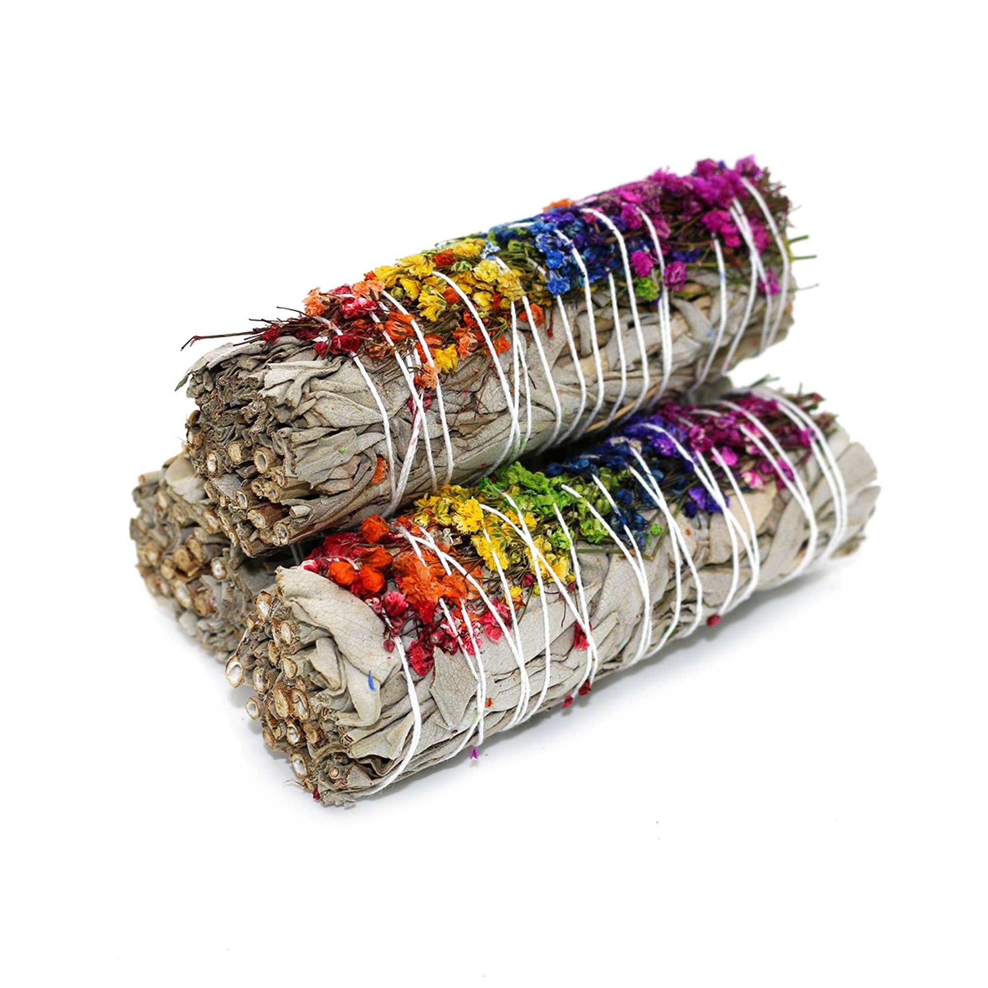 Two 4-inch Energy Wheel Floral White Sage smudge sticks decorated with seven colorful rainbow baby's breath flowers on white background