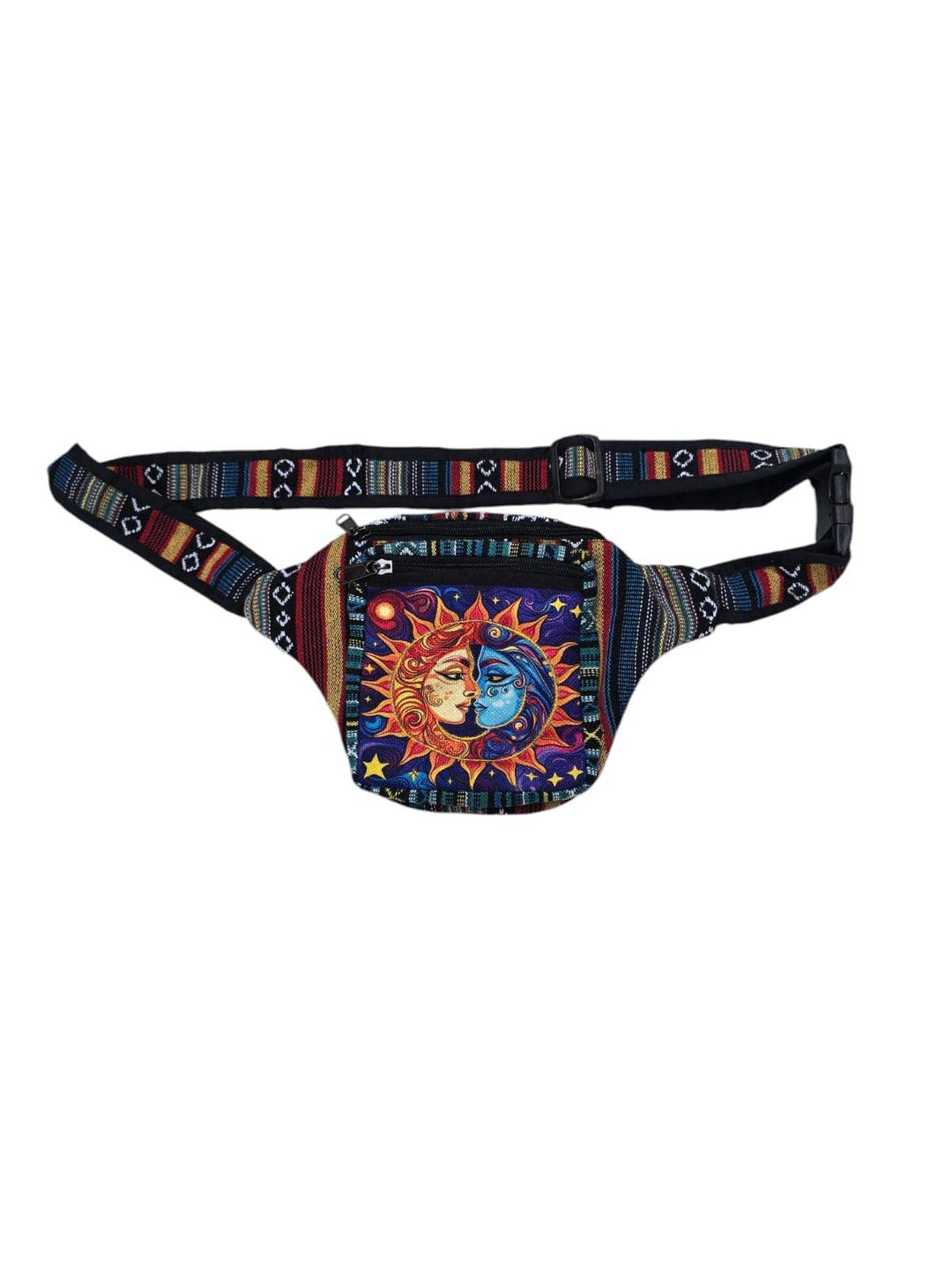 Cotton multi-color sun moon chakra fanny bag with adjustable strap.