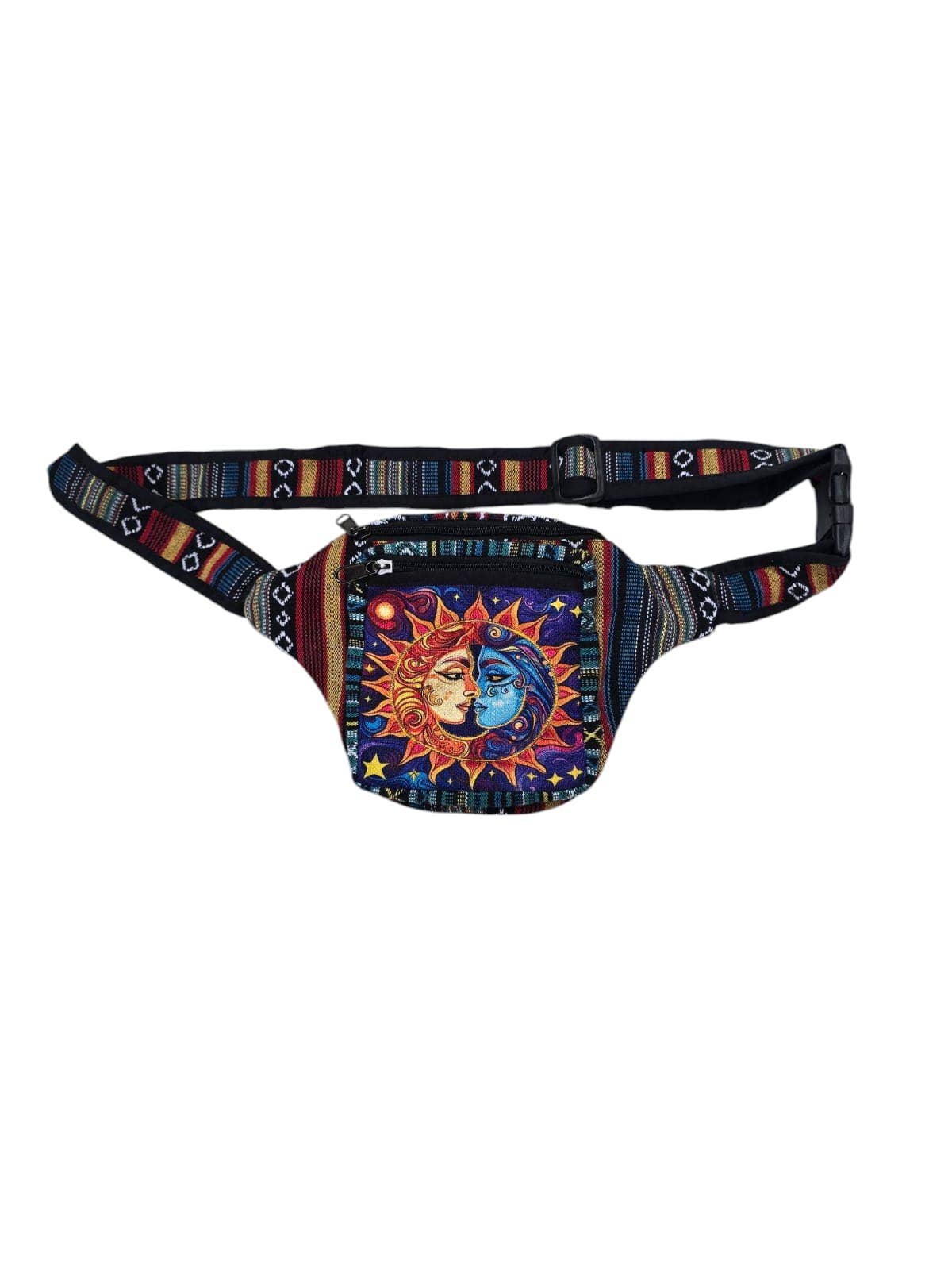 Cotton multi-color sun moon chakra fanny bag with adjustable strap.