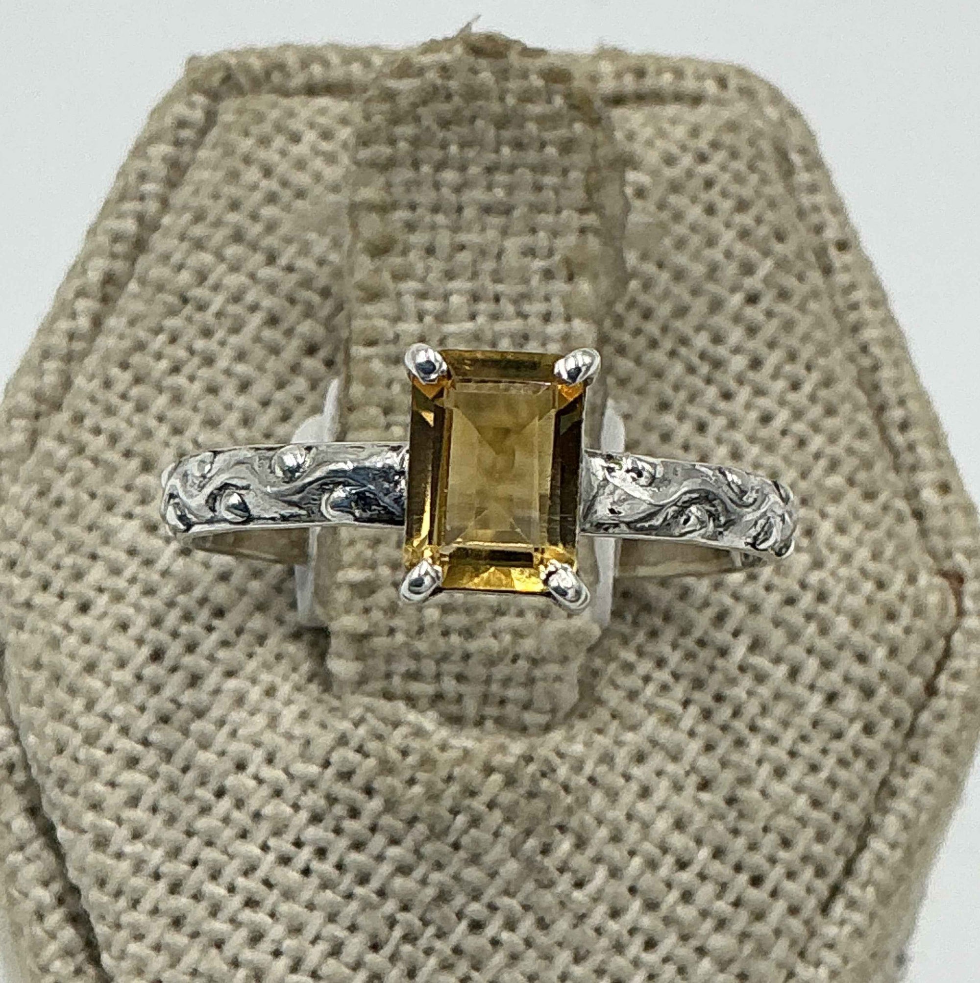 Sterling Silver Emerald Cut Citrine Filigree Band Ring – Size 9 – Abundance, Focus & Clarity