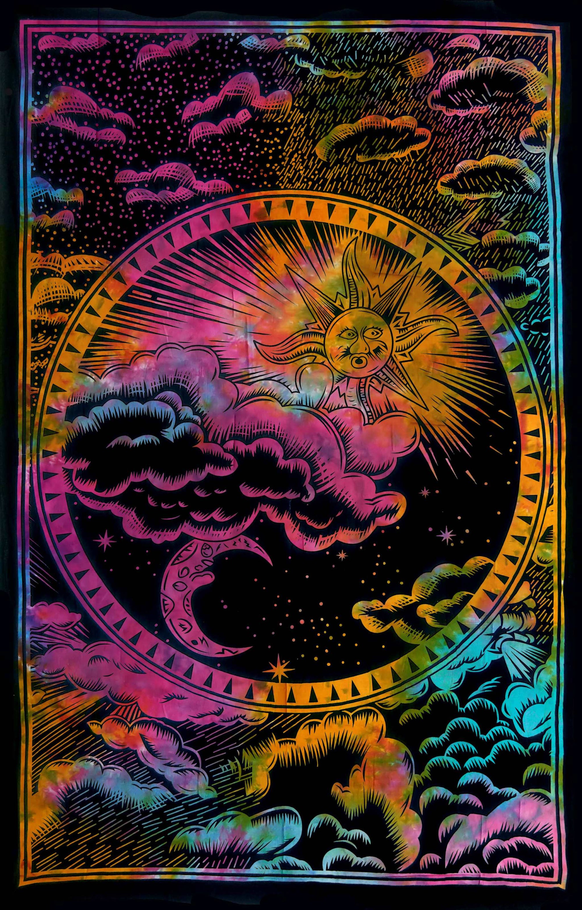 Tie Dye Clouds, Sun, and Moon Tapestry