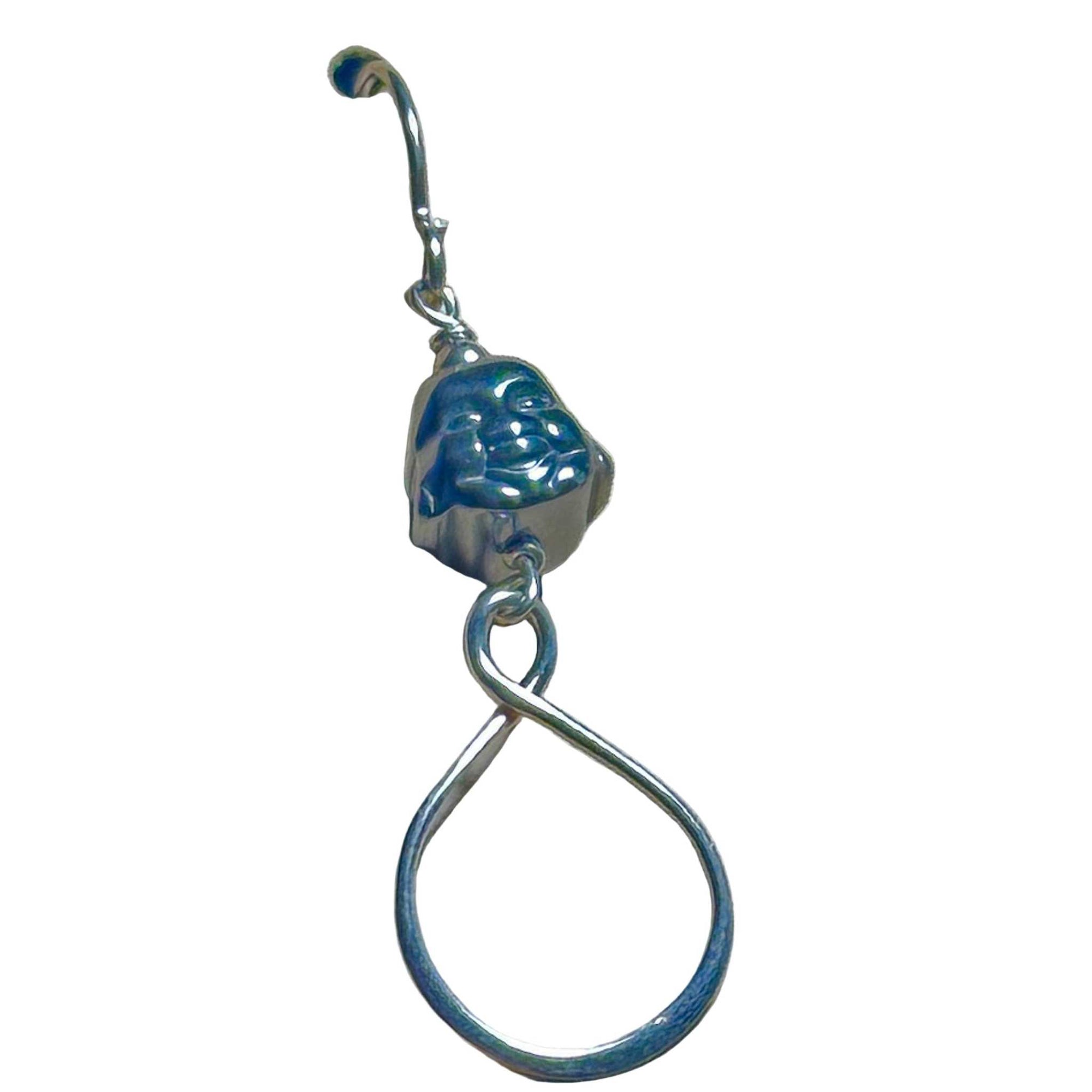 Sterling silver earring with circular infinity design with Hematite Buddha head bead on a white background