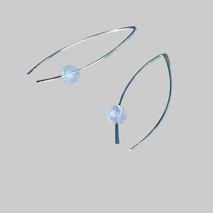 Sterling Silver earrings with round rainbow moonstone stone bead on a background, the rainbow moonstone is flashy!