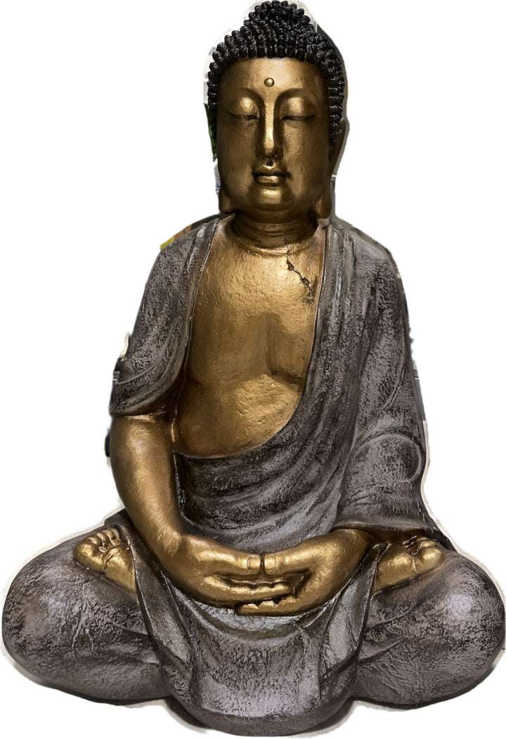 3-foot tall antique gold Buddha statue in lotus pose with distressed finish.