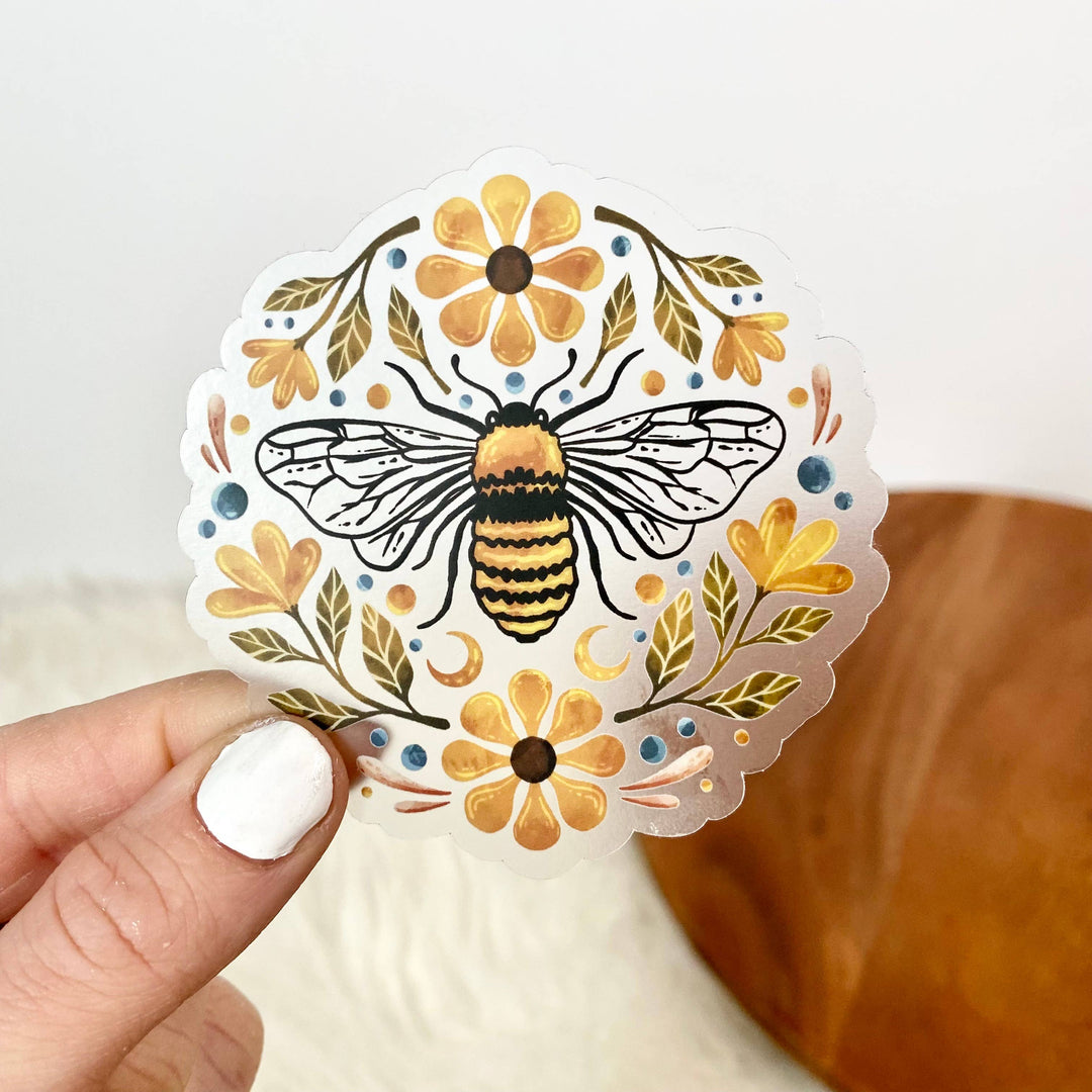 Clear vinyl Flowers and Bee sticker with yellow flowers and black and yellow bee design, waterproof and durable