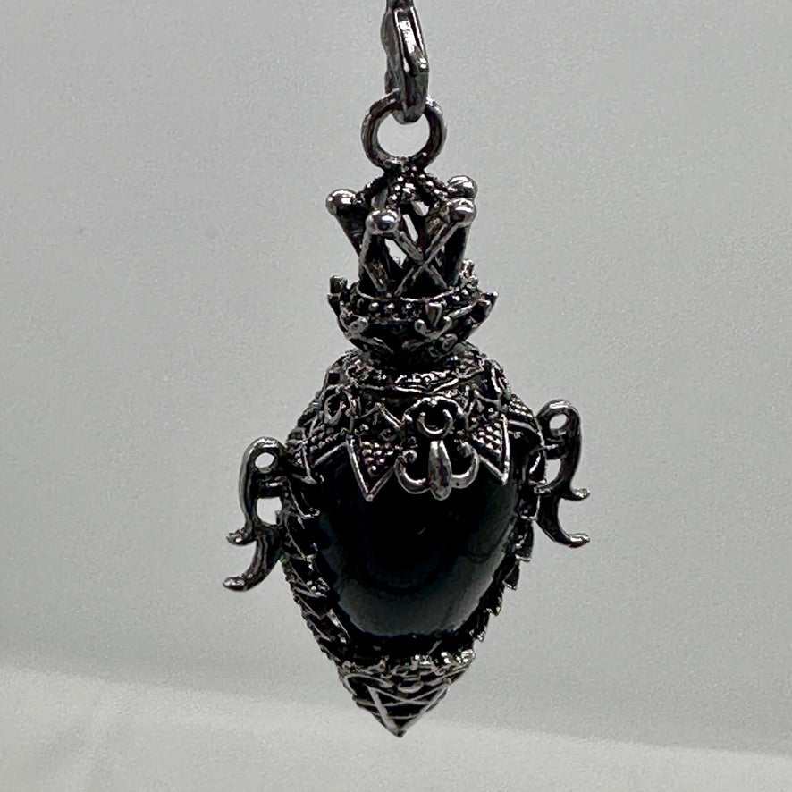 Ornate Obsidian Pendulum with Silver Filigree and Crown