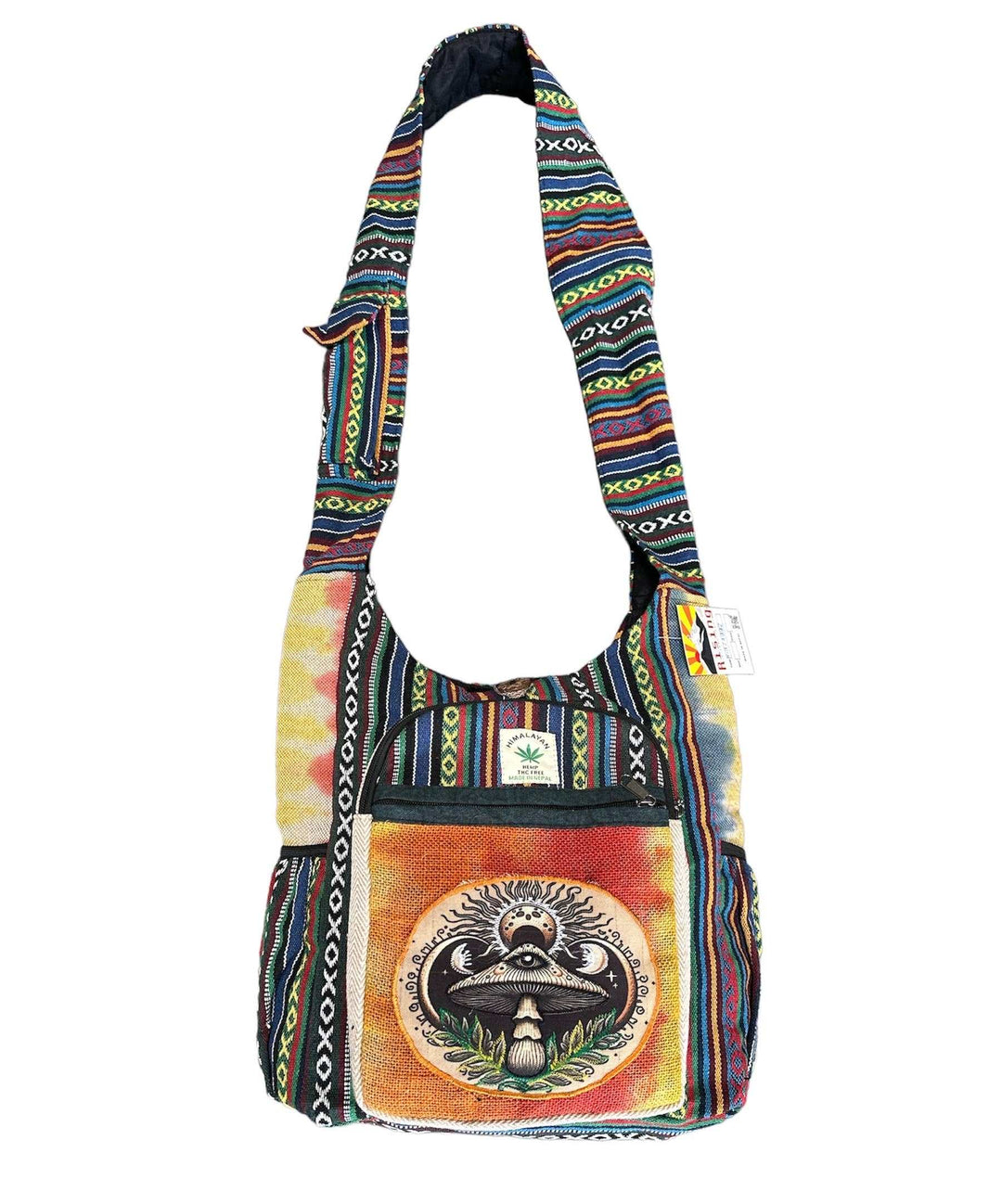 Tie dye side pocket hemp bag with eye mushroom design and colorful patterned strap