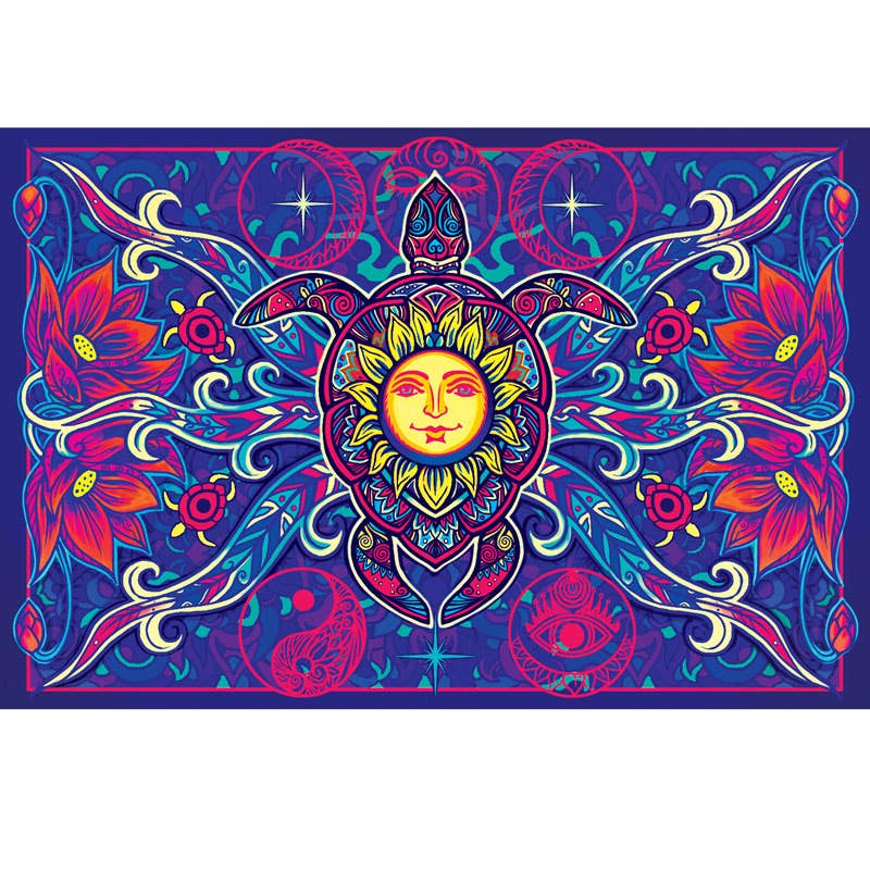 3D Turtle Tapestry with vibrant colors and intricate patterns, includes 3D glasses.