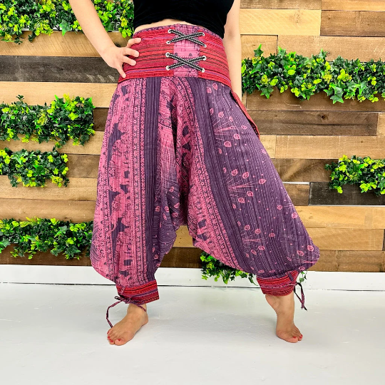 Elephant Print Cotton Harem Yoga Pants with Ankle Strap