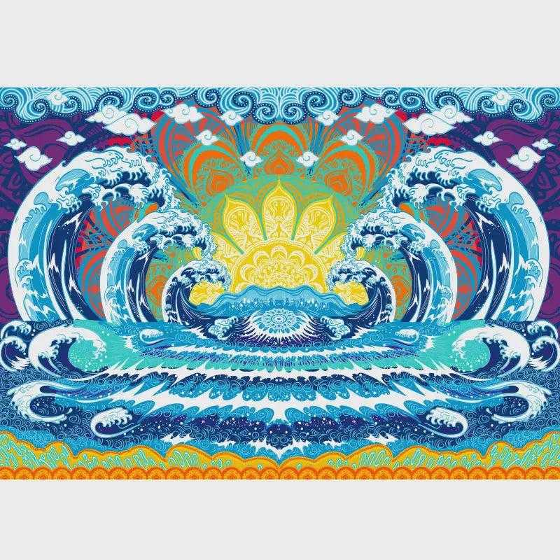 3D Wave Mandala tapestry with intricate wave patterns, 60" x 90", colorful wall decor, cotton material, USA-made.
