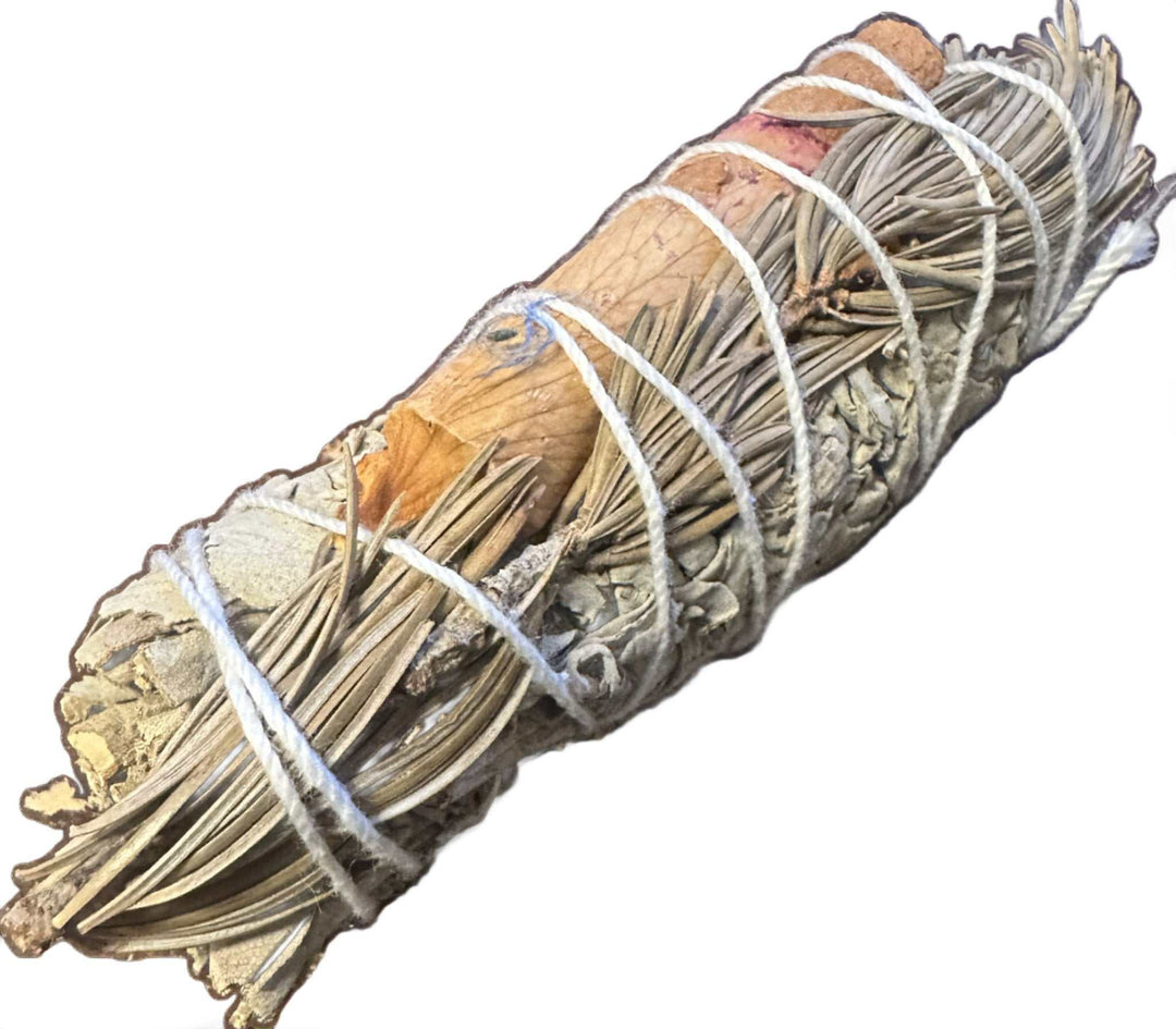 4" White Sage w/ a Slice of Cinnamon, Pine and Rose Petal - Sacred Crystals Smudge Sticks